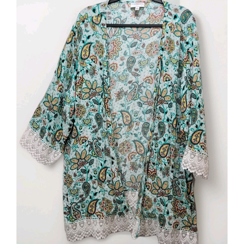 OSO Casuals Open Cardigan Light Womens 3X Teal Paisley Floral Boho Lace Trim